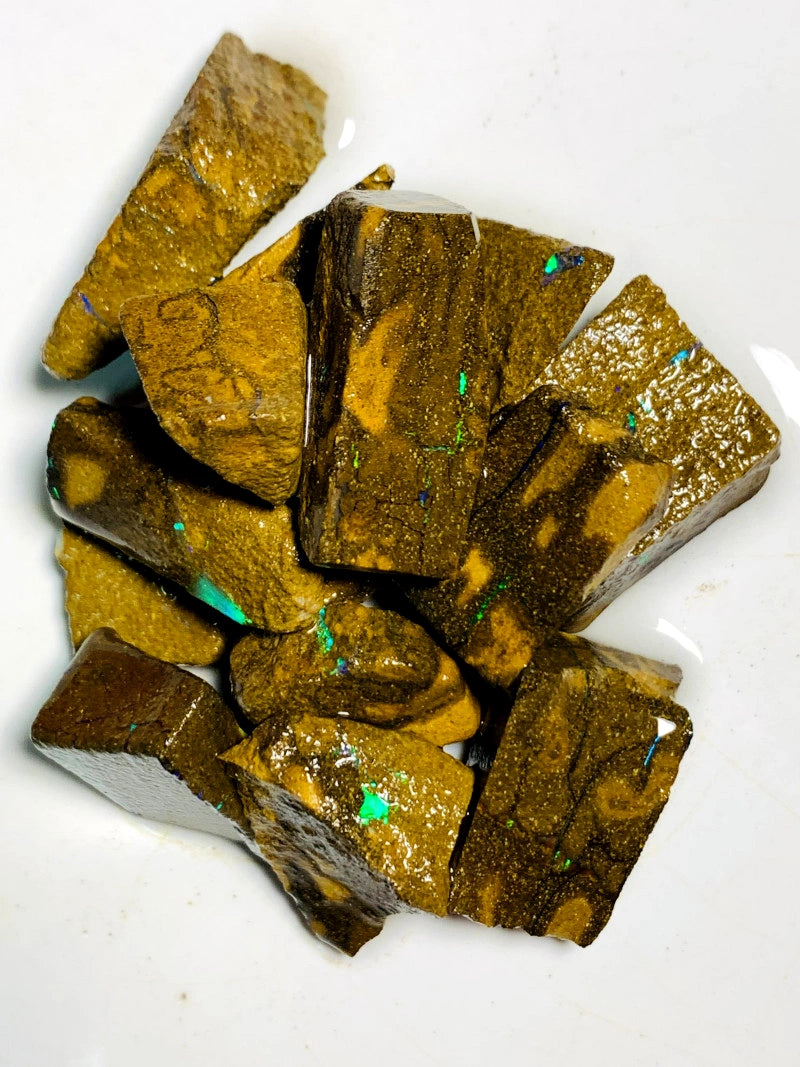 Queensland Boulder opal Gamble parcel 240cts Winton Fires / Multifires showing 22x12x8mm to 15x12x6mm BFC58