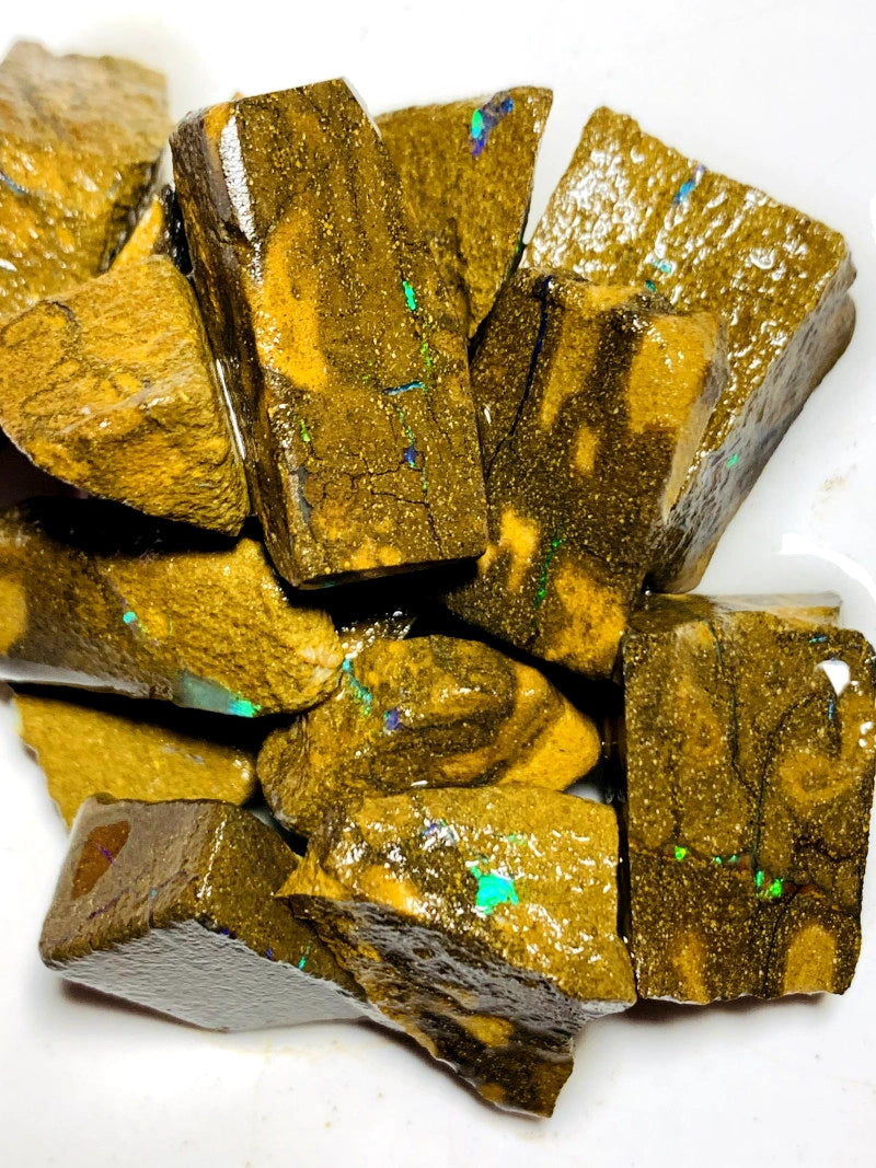 Queensland Boulder opal Gamble parcel 240cts Winton Fires / Multifires showing 22x12x8mm to 15x12x6mm BFC58