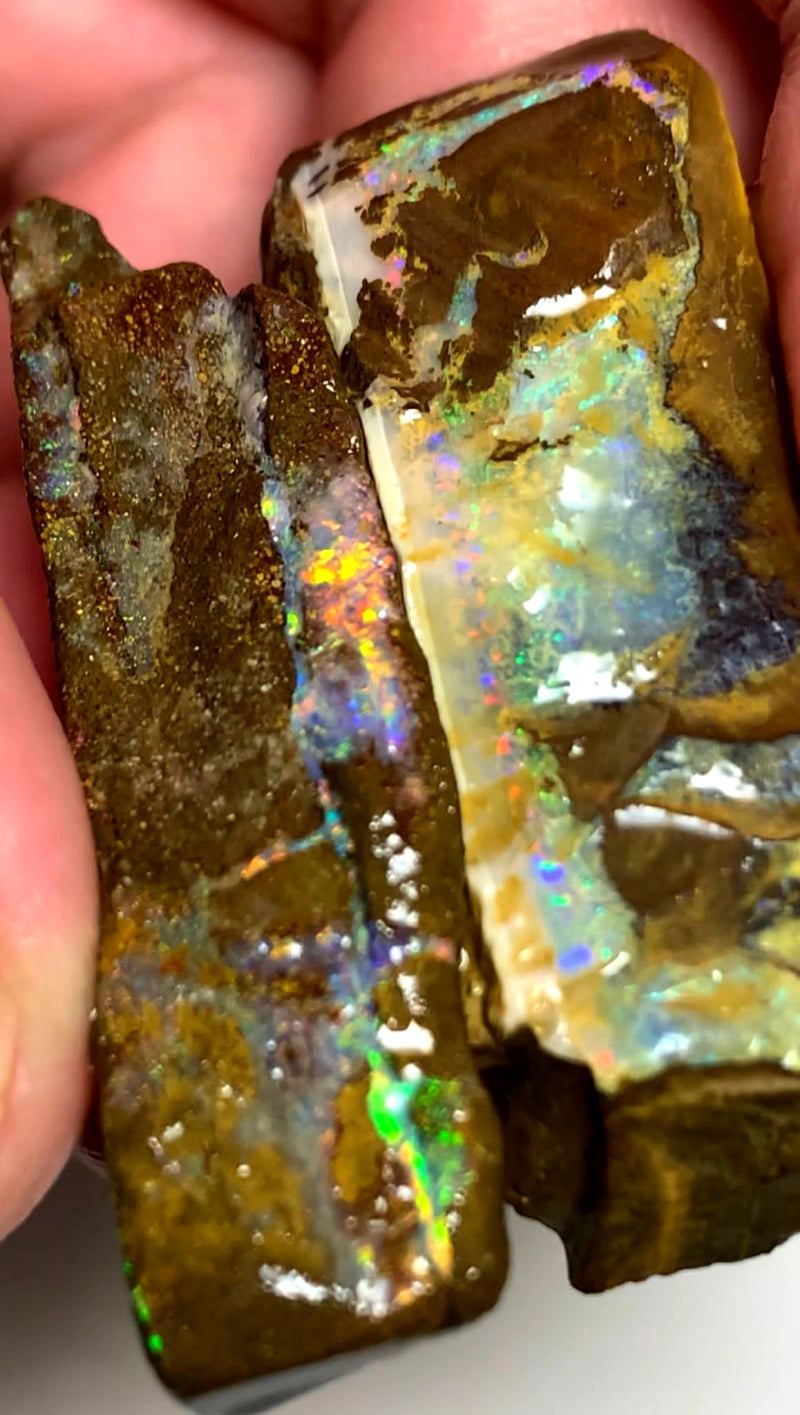 Queensland Boulder opal pair 68cts Winton nice Multifires showing 39x16x6mm & 41x12x8mm BFC55