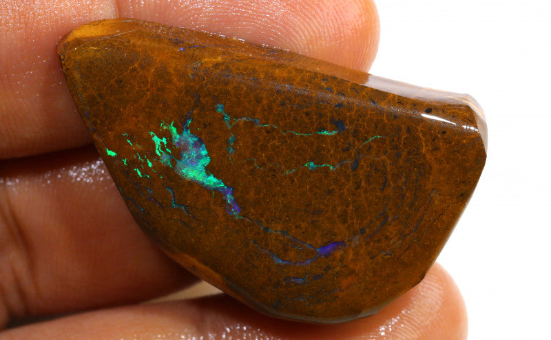 Australian Queensland Boulder Matrix opal 91cts faced rough Koroit veins of Blue/green fires 44x26x8mm BFA11