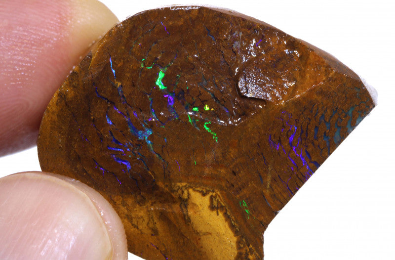 Australian Queensland Boulder Matrix opal 82cts faced/rough Koroit Stunning Exposed veins of Bright Vibrant purple/blue/green fires 27x27x11mm BFA15