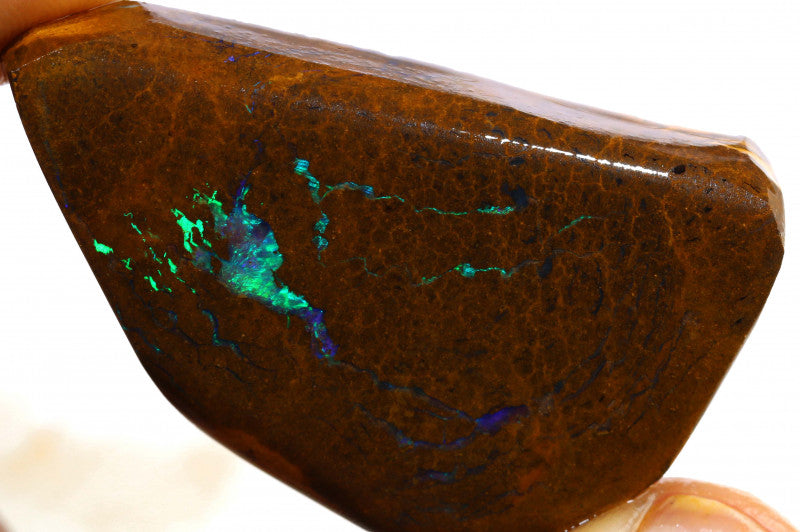 Australian Queensland Boulder Matrix opal 91cts faced rough Koroit veins of Blue/green fires 44x26x8mm BFA11